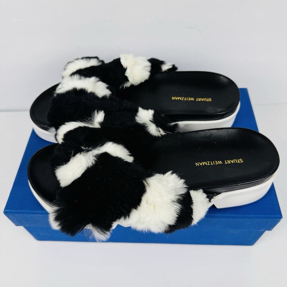 Stuart Weitzman Sublime Sandal Black White Rex Rabbit Fur Size 38 US 7.5 M NIB - Picture 3 of 6